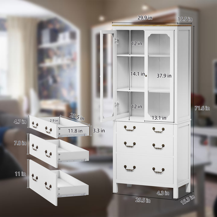 HLR® White Freestanding Tall Pantry Cabinet – Tempered Glass Doors & Adjustable Shelves – Storage for Kitchen & Dining Rooms