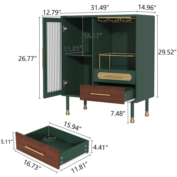 HLR® Modern Green Coffee Bar & Liquor Cabinet – Pull-Out Wine Storage, Wine Glass Rack & Drawers – Versatile Storage for Kitchen, Dining & Living Room