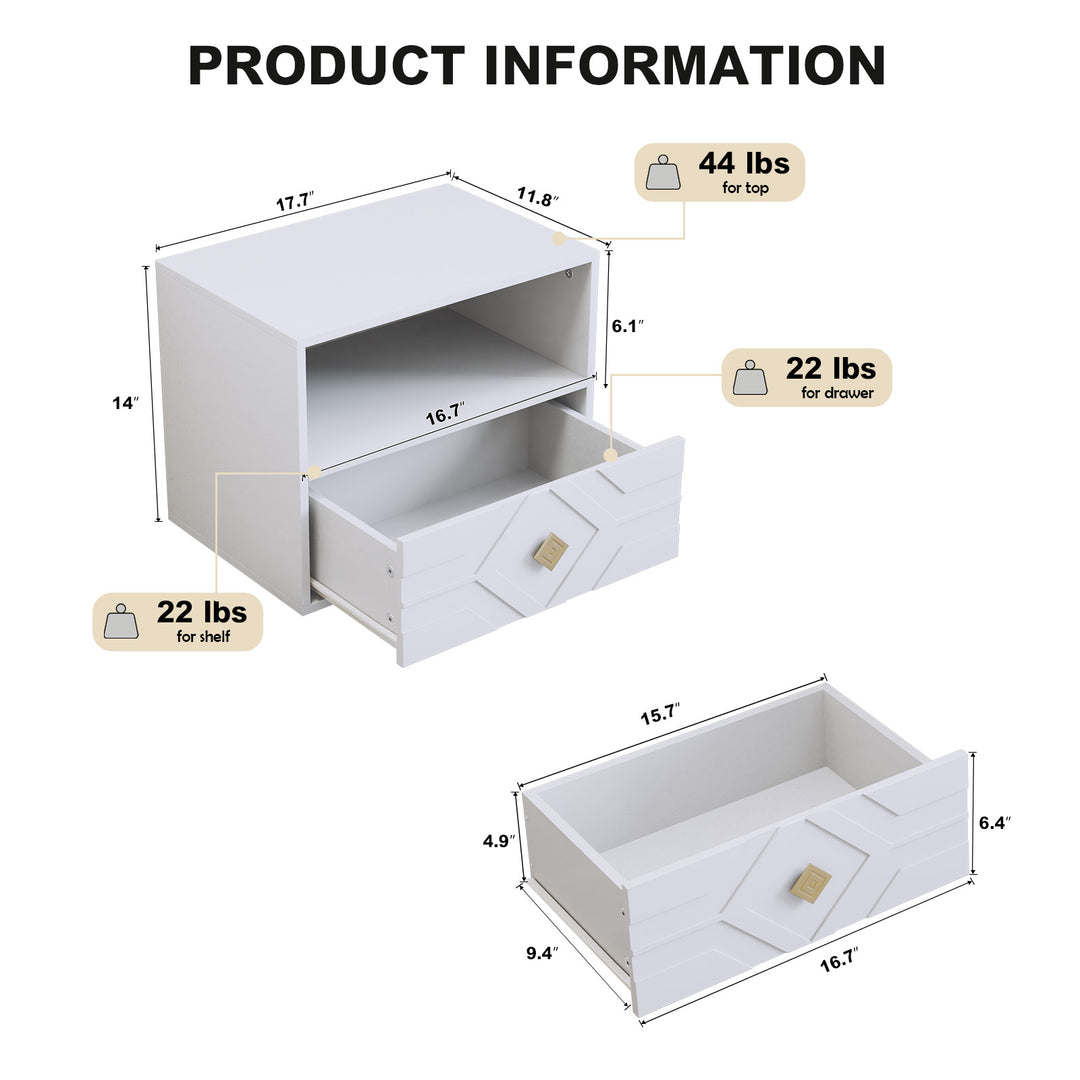 HLR® Modern Floating Nightstand Set of 2 with Drawer & Embossed Design – Wall-Mounted Bedside Tables with Storage for Bedroom
