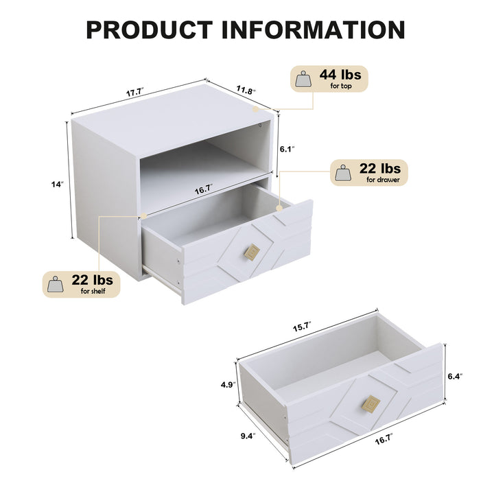 HLR® Modern Floating Nightstand Set of 2 with Drawer & Embossed Design – Wall-Mounted Bedside Tables with Storage for Bedroom