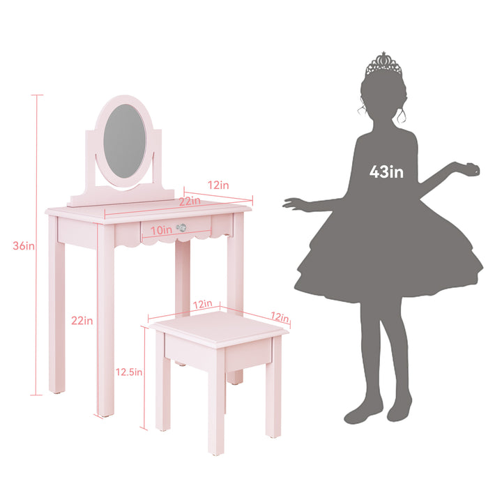 HLR® Princess 2-in-1 Wooden Kids Vanity Set with Detachable Mirror, Drawer & Stool – Pretend Play Makeup Desk for Girls Ages 3+