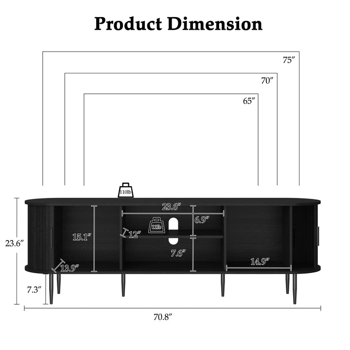 HLR® 70" Mid Century TV Stand With Tambour Door For TVs Up To 80", Brown/Black
