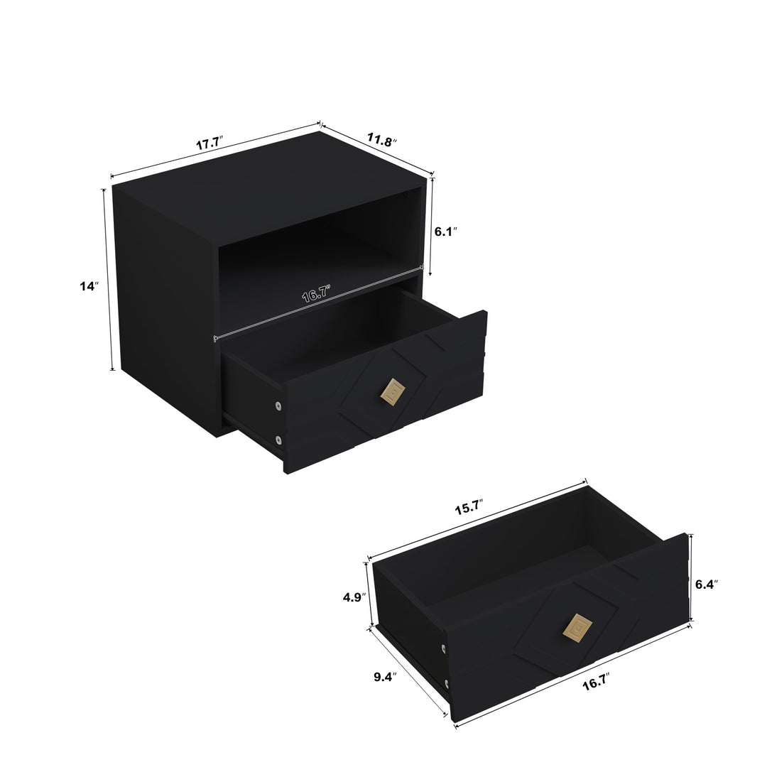 HLR® Modern Floating Nightstand Set of 2 with Drawer & Embossed Design – Wall-Mounted Bedside Tables with Storage for Bedroom