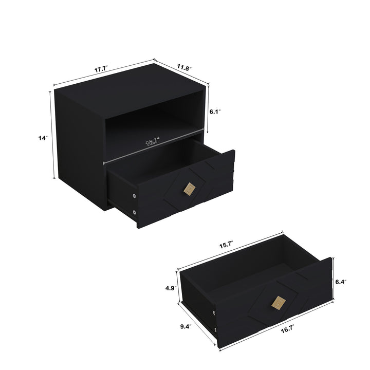 HLR® Modern Floating Nightstand Set of 2 with Drawer & Embossed Design – Wall-Mounted Bedside Tables with Storage for Bedroom