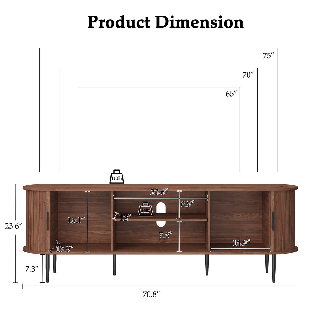 HLR® 70" Mid Century TV Stand With Tambour Door For TVs Up To 80", Brown/Black