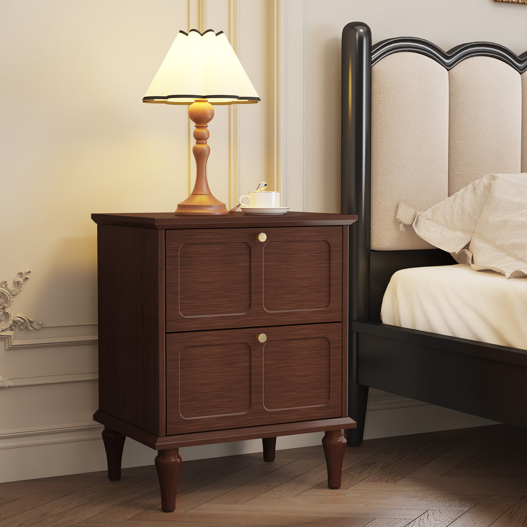 HLR® Mid-Century Modern Brown Nightstand – 2-Drawer Solid Wood End Table with Storage for Bedroom (Tapered Legs)
