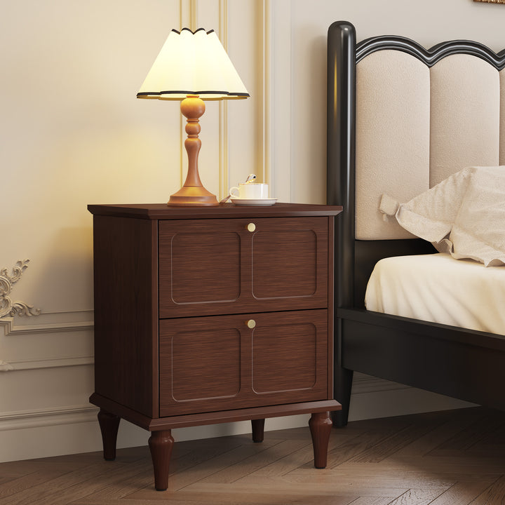 HLR® Mid-Century Modern Brown Nightstand – 2-Drawer Solid Wood End Table with Storage for Bedroom (Tapered Legs)