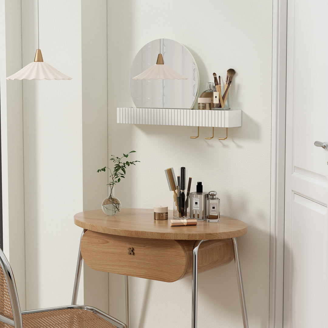 HLR® Round Wall Mirror with Shelf & Hooks – Functional Decor for Bathroom, Entryway, Bedroom & Living Room
