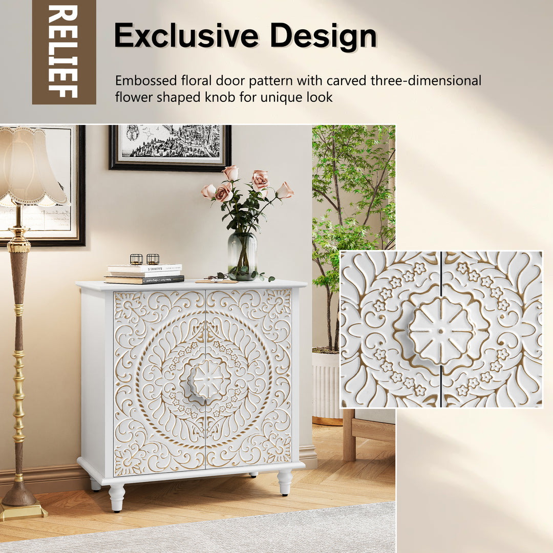 HLR® Wood Credenza Sideboard – 2-Door Storage & Hand-Carved Floral Design – Decorative Organizer for Entryway, Living & Dining