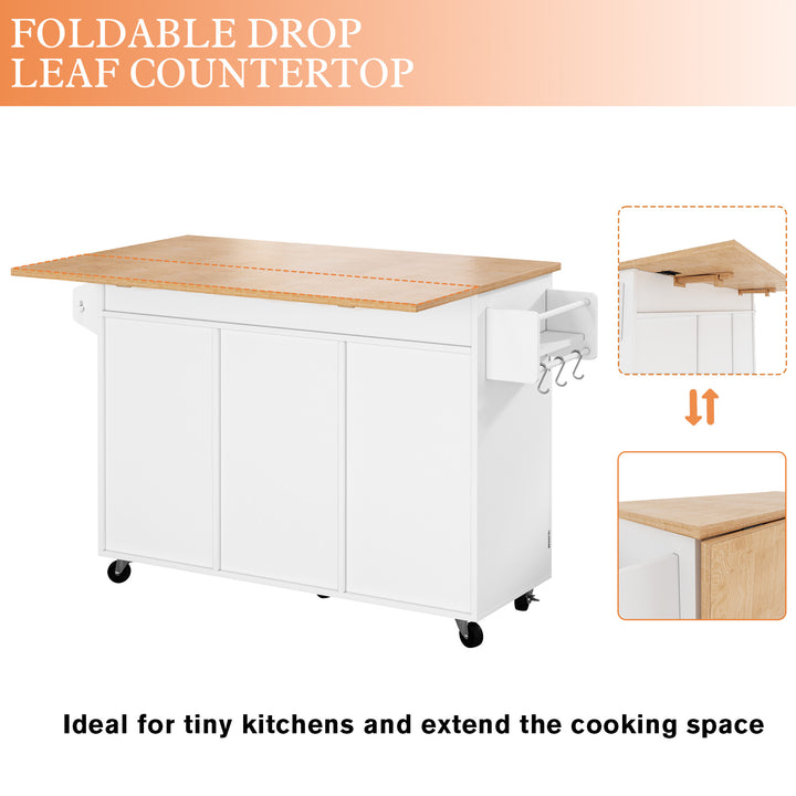 HLR® Rolling Kitchen Island with Drop-Leaf Countertop & Barn Door Design – Mobile Cart with Storage Cabinet & Tower Rack for Kitchen