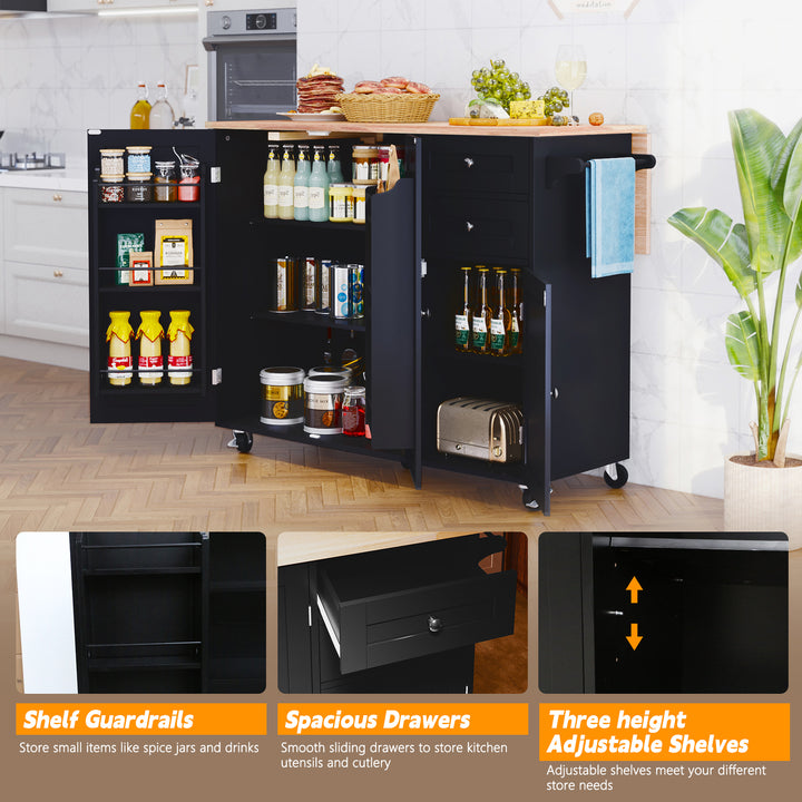 HLR® 50.4" Multifunctional Wooden Kitchen Island – 3 Doors, 2 Drawers, Spice Rack & Storage (Prep & Organization Cart)