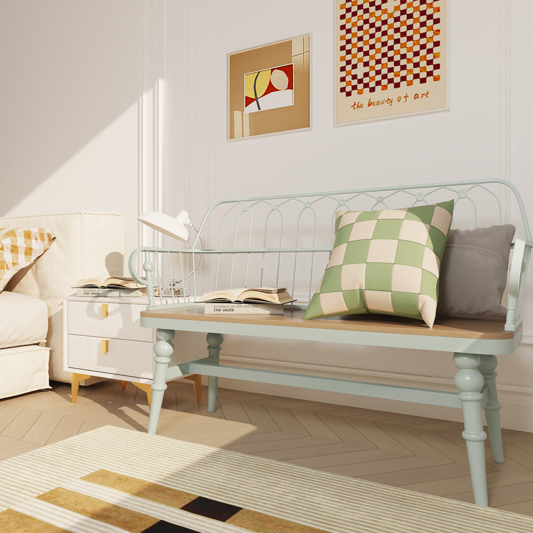 HLR® Mid-Century Modern Entryway Bench – Metal Frame with Solid Wood Legs | Industrial Hallway Seating with Retro Charm