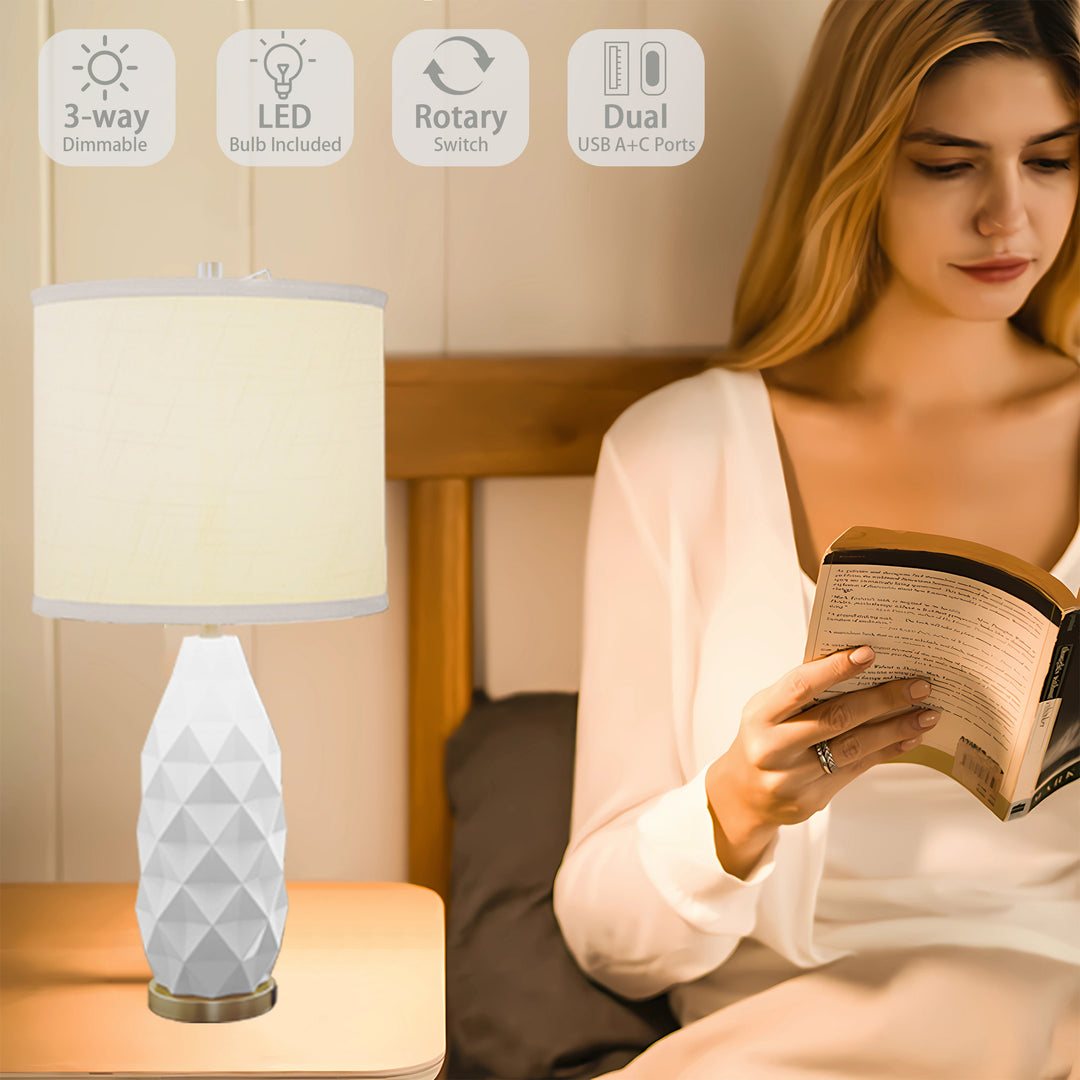 HLR® Set of 2 Modern 3-Way Dimmable Table Lamps with LED Bulbs Included and USB Charging Port for Bedside and Living Room Use
