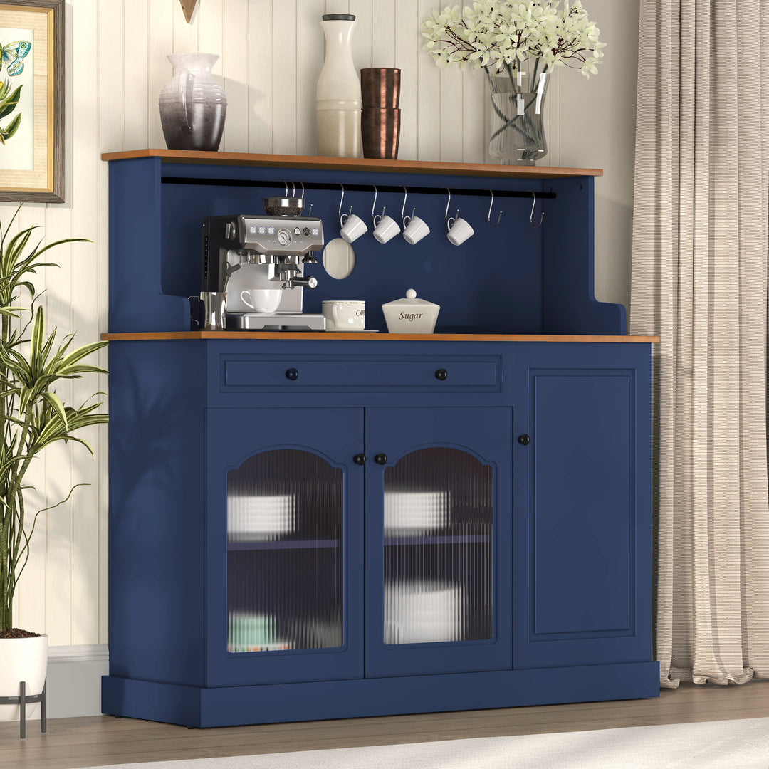 HLR® 48" Farmhouse-Style Kitchen Pantry with Glass Doors & Drawer – Wood Coffee Bar Cabinet with Microwave Hutch for Living & Dining Rooms