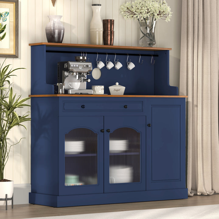 HLR® 48" Farmhouse-Style Kitchen Pantry with Glass Doors & Drawer – Wood Coffee Bar Cabinet with Microwave Hutch for Living & Dining Rooms