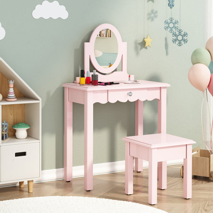 HLR® Princess 2-in-1 Wooden Kids Vanity Set with Detachable Mirror, Drawer & Stool – Pretend Play Makeup Desk for Girls Ages 3+