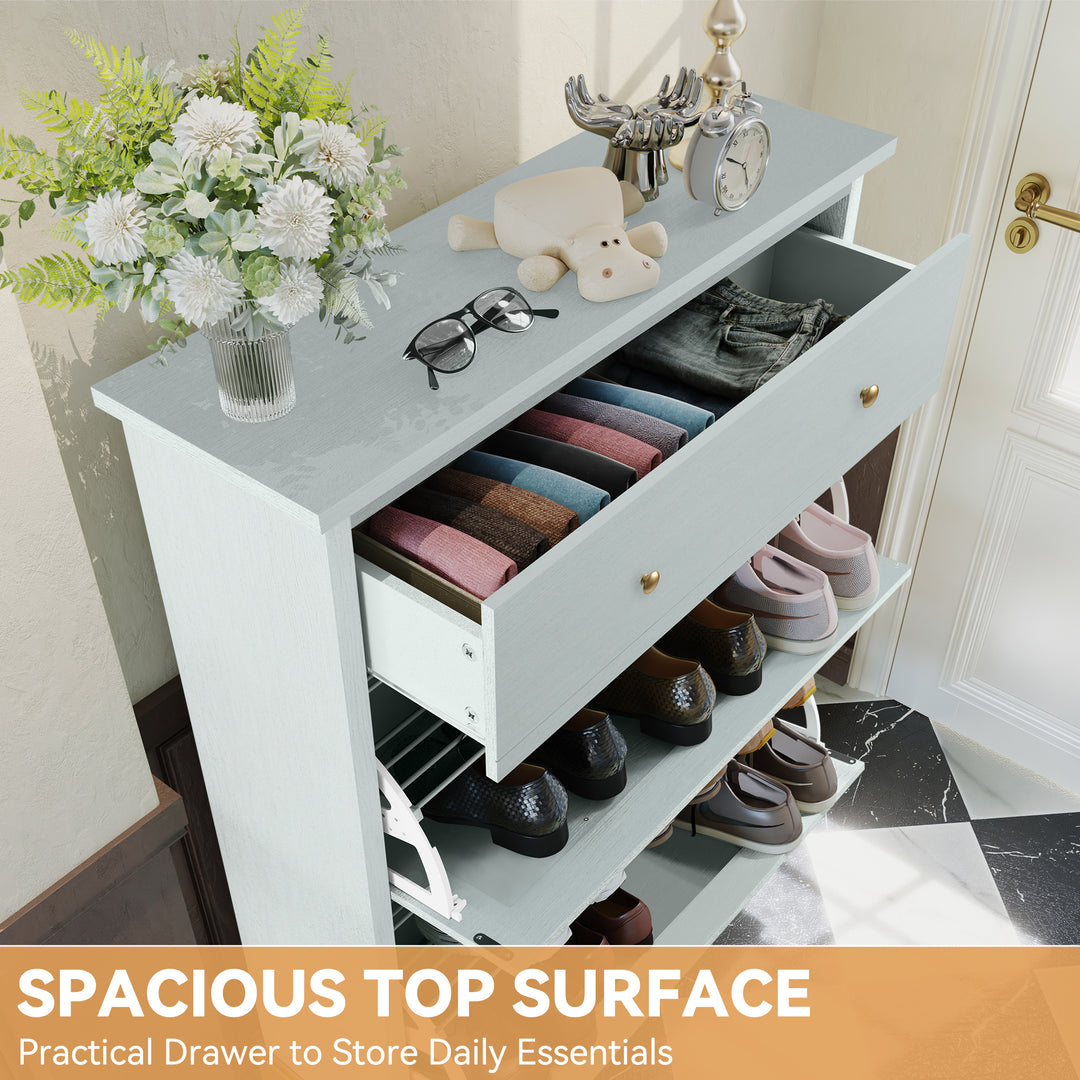 HLR® Space-Saving Hidden Shoe Cabinet – 2 Flip-Doors & 1 Drawer – Compact Storage for Entryway & Front Door
