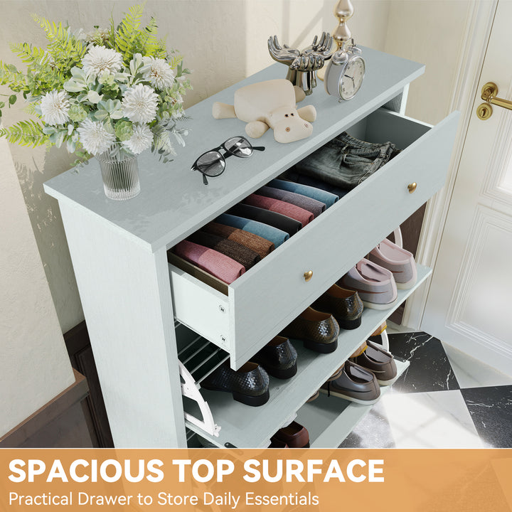HLR® Space-Saving Hidden Shoe Cabinet – 2 Flip-Doors & 1 Drawer – Compact Storage for Entryway & Front Door