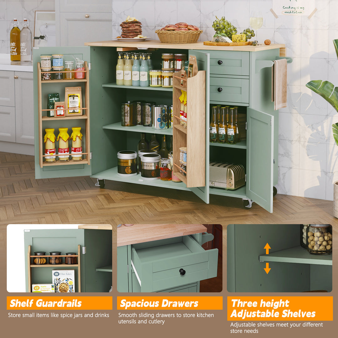 HLR® 50.4" Multifunctional Wooden Kitchen Island – 3 Doors, 2 Drawers, Spice Rack & Storage (Prep & Organization Cart)
