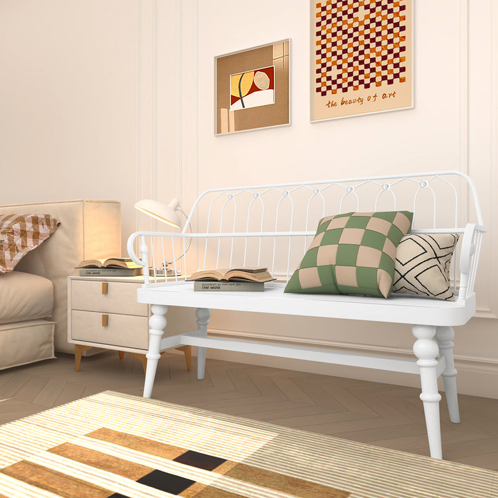 HLR® Mid-Century Modern Entryway Bench – Metal Frame with Solid Wood Legs | Industrial Hallway Seating with Retro Charm