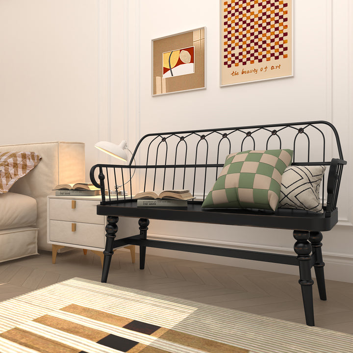 HLR® Mid-Century Modern Entryway Bench – Metal Frame with Solid Wood Legs | Industrial Hallway Seating with Retro Charm