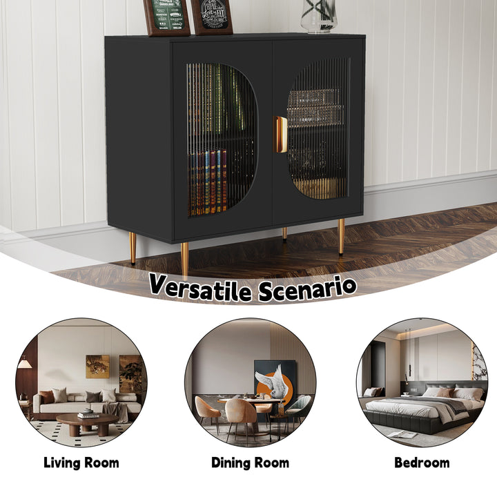 HLR® Modern Wood Credenza Sideboard – 2-Glass Door Storage – Stylish Organizer for Kitchen, Dining & Living Room