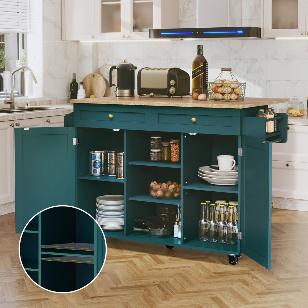 HLR® Rolling Kitchen Island with Drop-Leaf Countertop & Barn Door Design – Mobile Cart with Storage Cabinet & Tower Rack for Kitchen