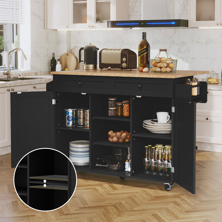 HLR® Rolling Kitchen Island with Drop-Leaf Countertop & Barn Door Design – Mobile Cart with Storage Cabinet & Tower Rack for Kitchen