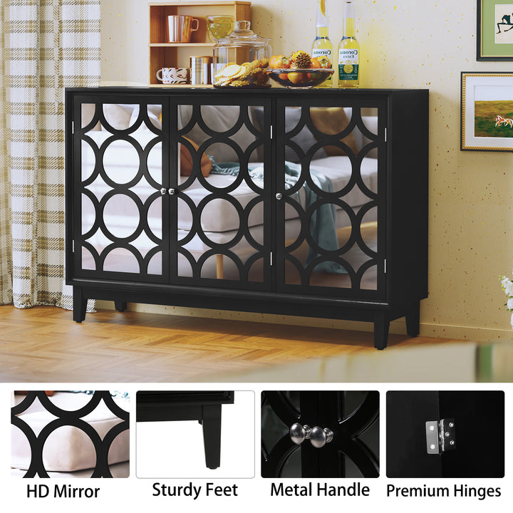 HLR® Modern Sideboard Buffet with 4 Mirror Doors – Glam Accent Storage Cabinet for Living, Dining & Entryway