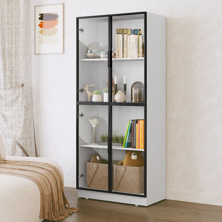 HLR® Modern Tall Glass-Door Curio Display Cabinet – 4-Tier Shelving for Collectibles – Stylish Showcase for Living Room & Home Office
