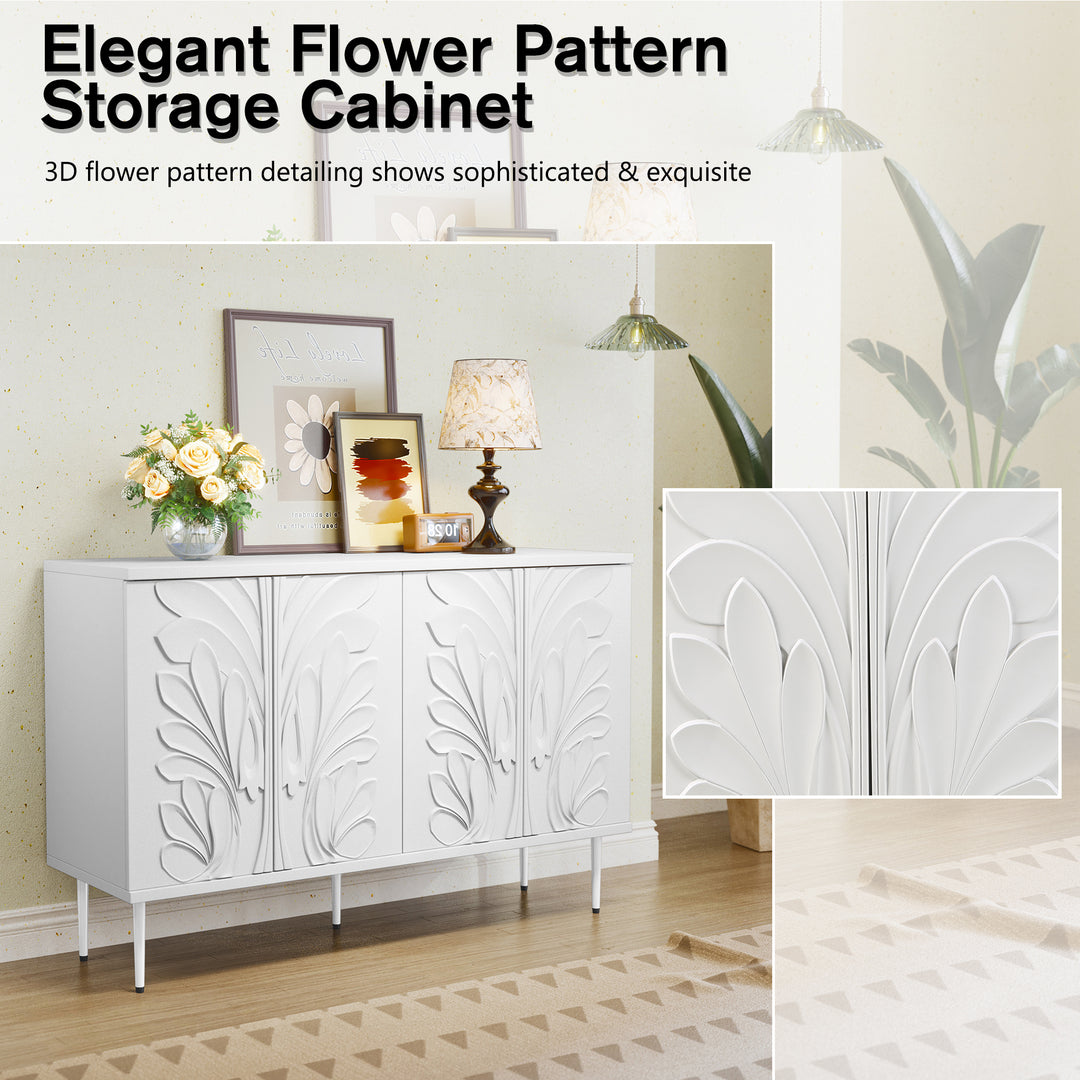 HLR® 47.24''W Modern Credenza Sideboard – 4-Door 3D Floral Design Storage Cabinet for Dining & Kitchen
