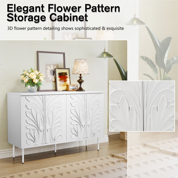 HLR® 47.24''W Modern Credenza Sideboard – 4-Door 3D Floral Design Storage Cabinet for Dining & Kitchen