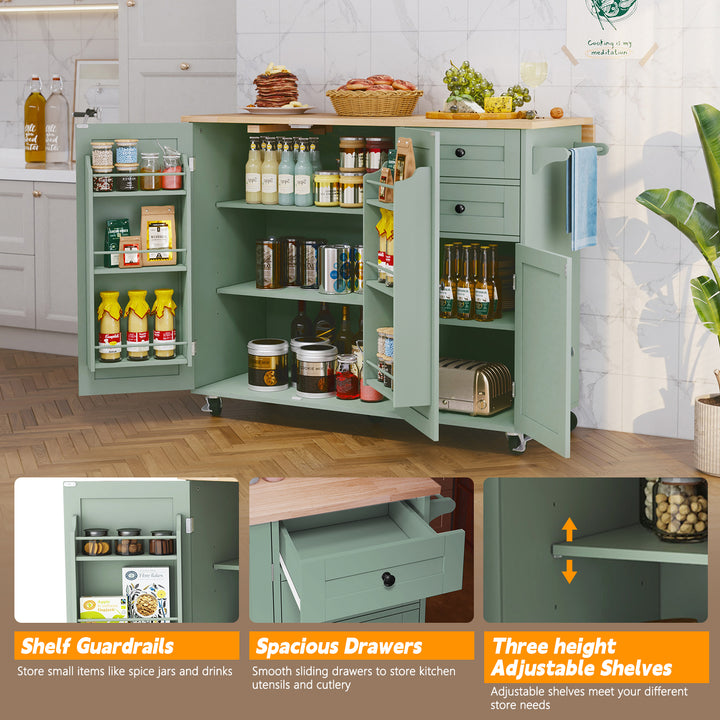 HLR® 50.4" Multifunctional Wooden Kitchen Island – 3 Doors, 2 Drawers, Spice Rack & Storage (Prep & Organization Cart)
