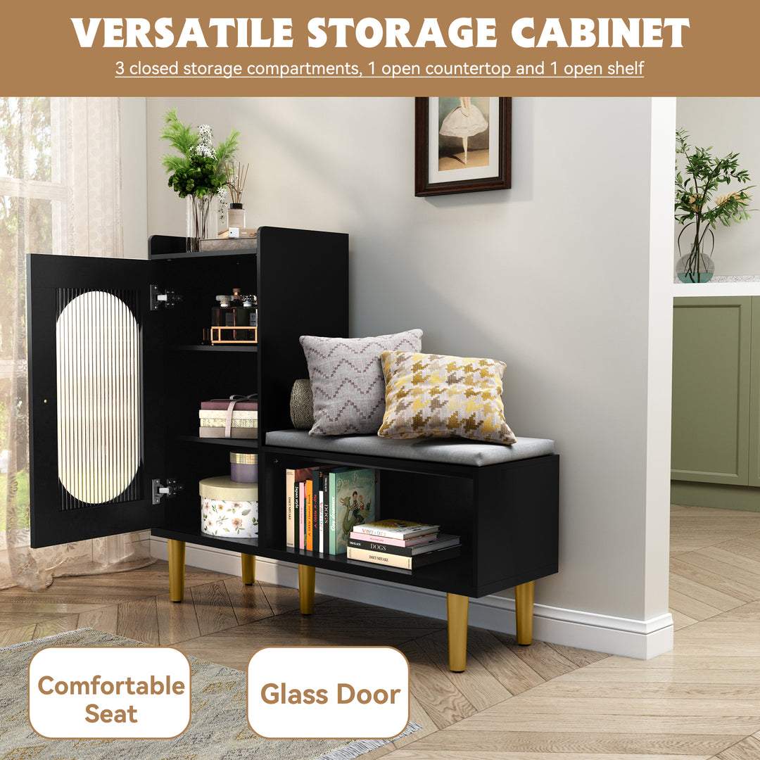 HLR® Modern Shoe Cabinet Bench – Glass Door, Shelf & Padded Seat – Multifunctional Storage for Entryway & Hallway