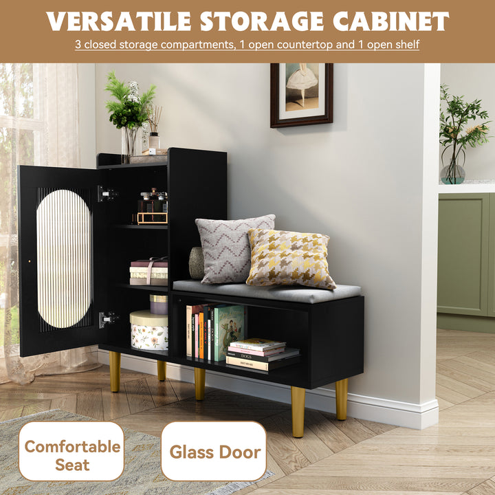 HLR® Modern Shoe Cabinet Bench – Glass Door, Shelf & Padded Seat – Multifunctional Storage for Entryway & Hallway