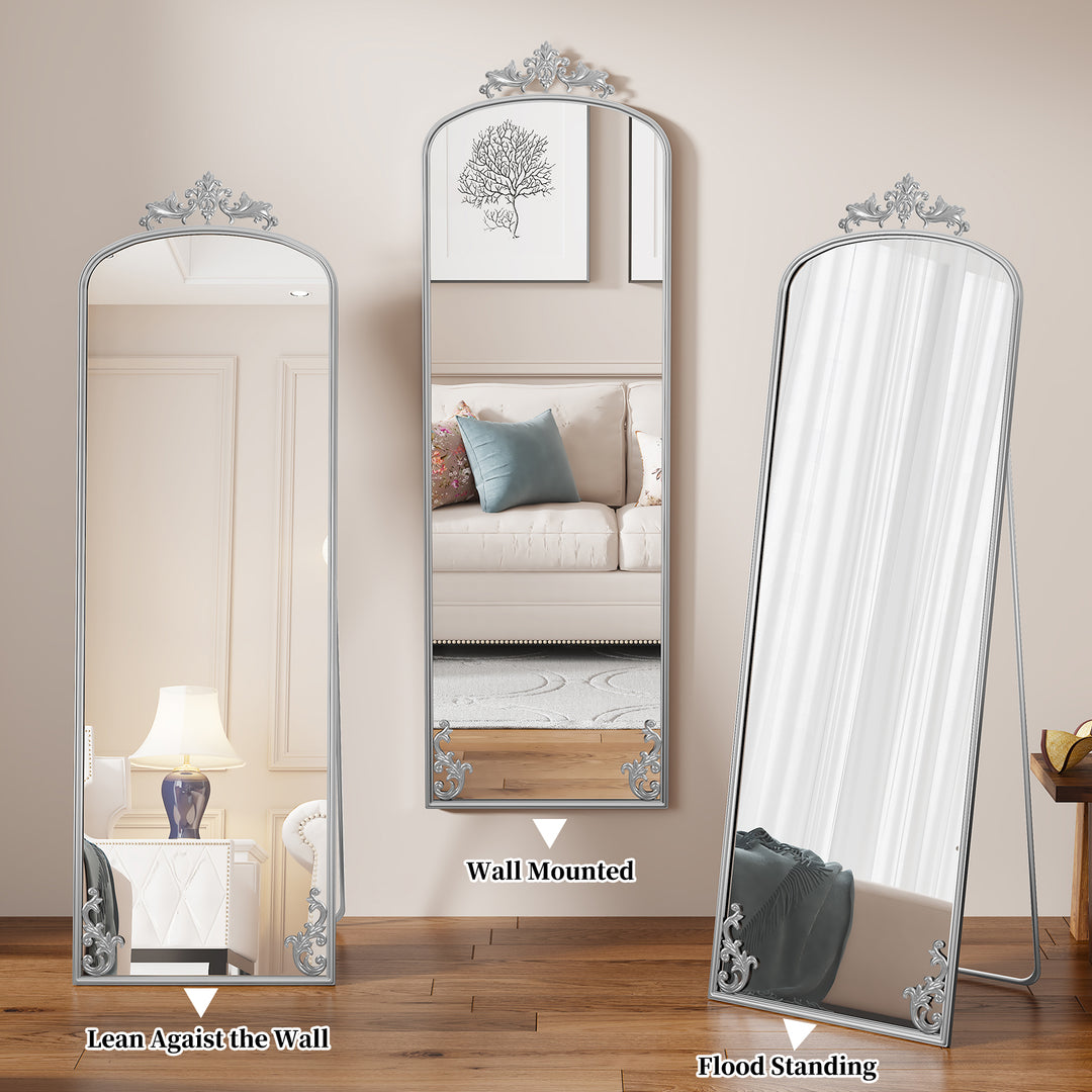 HLR® Arched Full Length Floor Mirror with Carved Metal Frame – 65" Tall – Stylish Home Decor for Bedroom, Dressing Room & Entryway