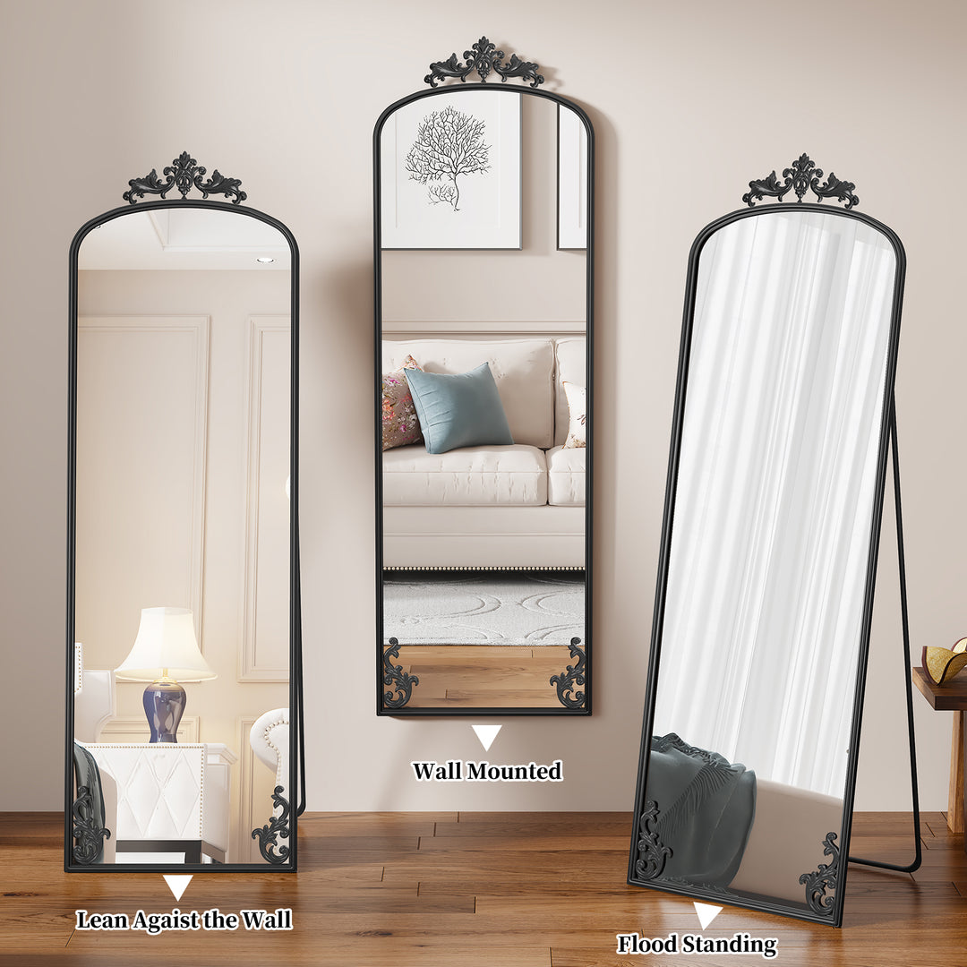 HLR® Arched Full Length Floor Mirror with Carved Metal Frame – 65" Tall – Stylish Home Decor for Bedroom, Dressing Room & Entryway