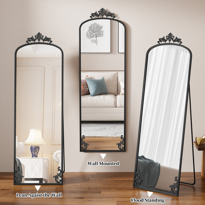HLR® Arched Full Length Floor Mirror with Carved Metal Frame – 65" Tall – Stylish Home Decor for Bedroom, Dressing Room & Entryway