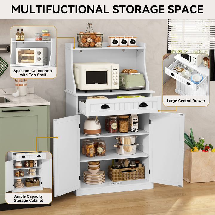 HLR® 54" White Microwave Stand with Drawers & Hutch – Adjustable Shelf Pantry Cabinet for Kitchen, Dining & Living Spaces