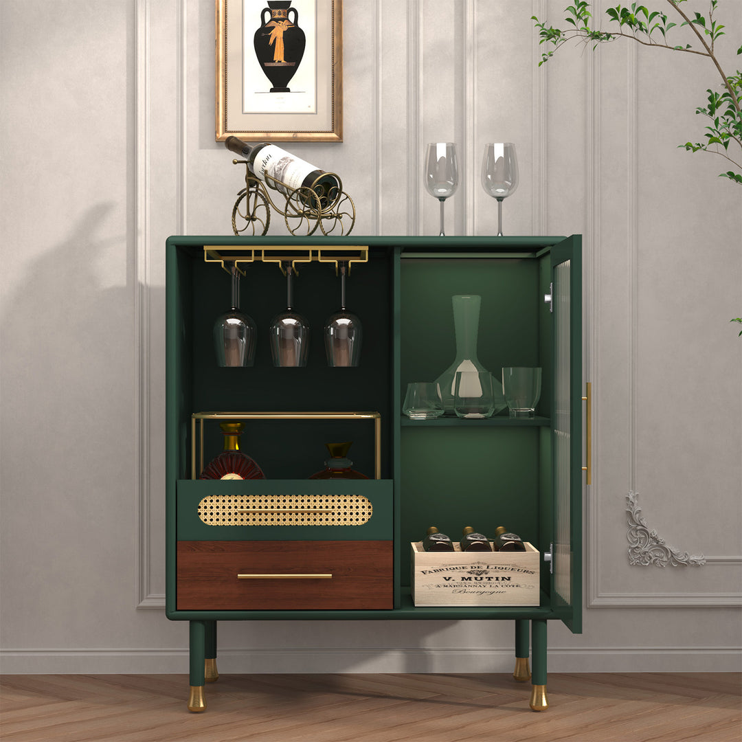 HLR® Modern Green Coffee Bar & Liquor Cabinet – Pull-Out Wine Storage, Wine Glass Rack & Drawers – Versatile Storage for Kitchen, Dining & Living Room