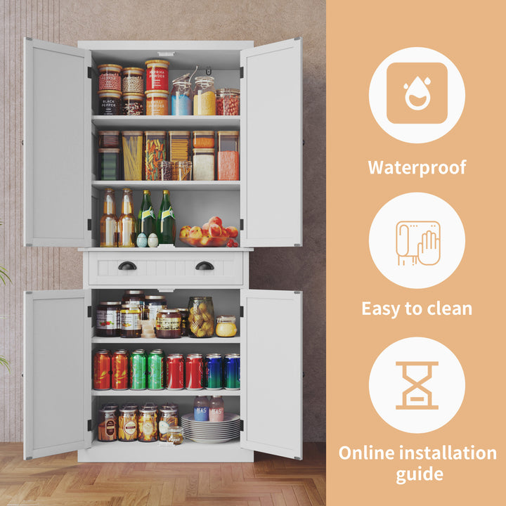 HLR® Classic White Freestanding Pantry Cabinet with Adjustable Shelves & Drawer – Versatile Storage for Kitchen, Bathroom & Hallway