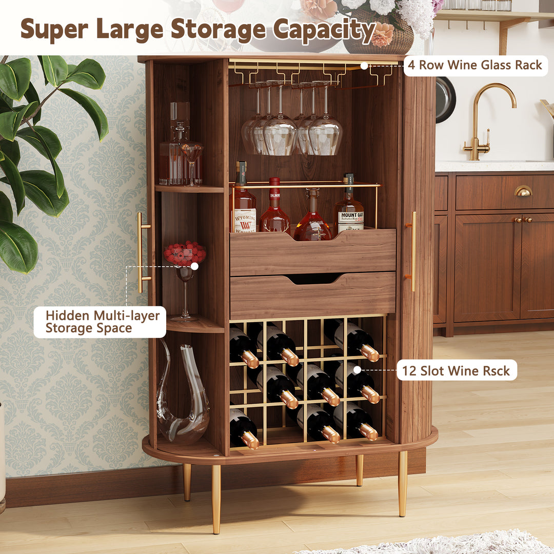 HLR® Modern Tambour Door Coffee Bar Cabinet with Wine Rack, Glass Holder & Spacious Storage for Living Room & Dining Area