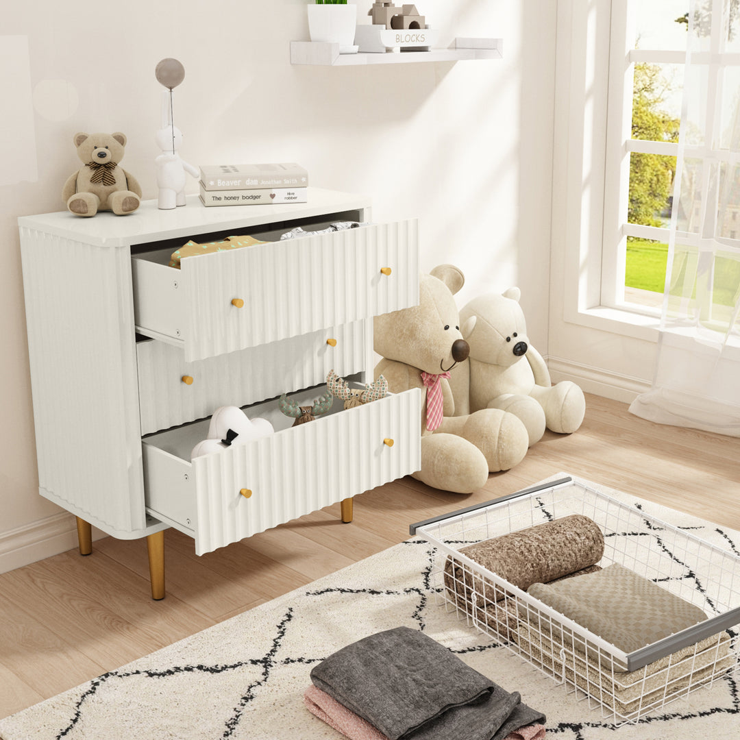 HLR® White Modern Tall Wood Dresser 3-Drawer Storage Cabinet with Fluted Texture – Stylish Organizer for Bedroom, Closet, Living Room & Hallway