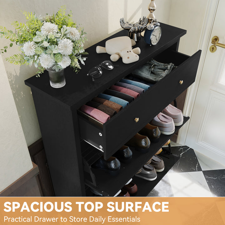 HLR® Space-Saving Hidden Shoe Cabinet – 2 Flip-Doors & 1 Drawer – Compact Storage for Entryway & Front Door