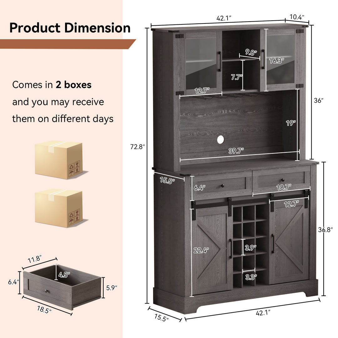 HLR® Wine Bar Buffet Cabinet – Sliding Barn Door, Drawers & Wine/Glass Rack – Stylish Storage for Dining Room