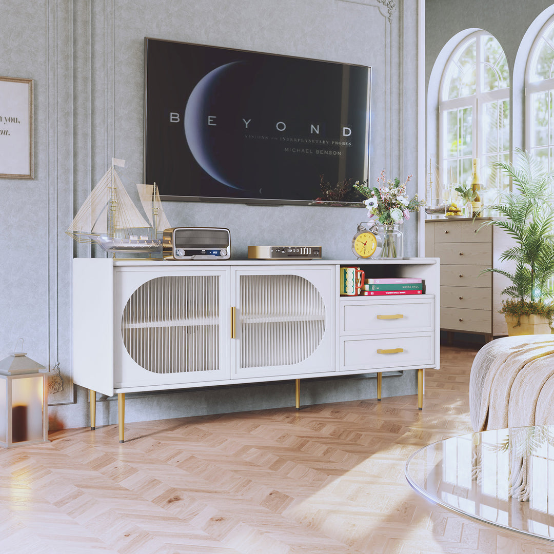 HLR® Modern Wood TV Stand – Glass Door & Drawers – Stylish Storage for Living Room