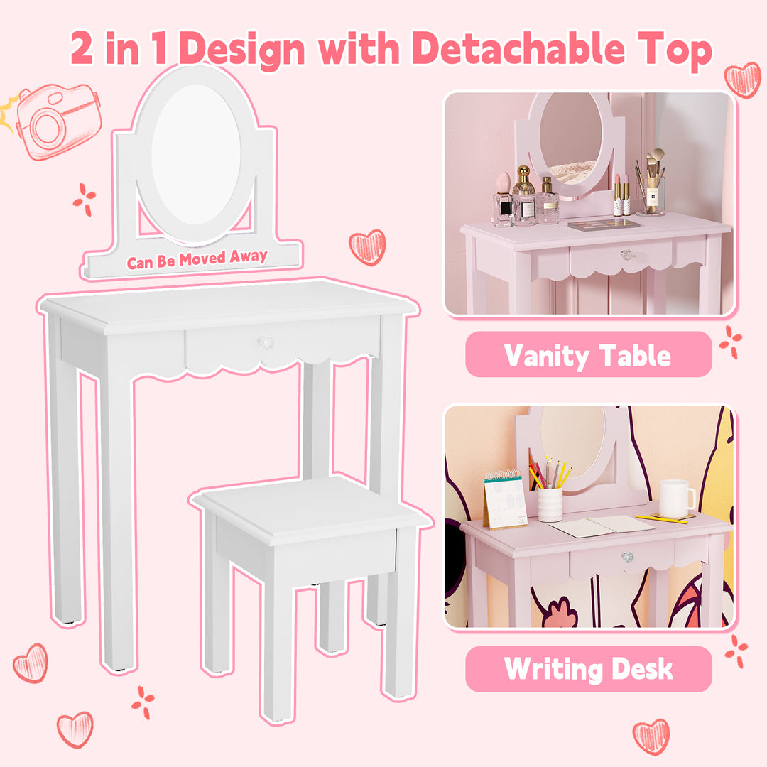 HLR® Princess 2-in-1 Wooden Kids Vanity Set with Detachable Mirror, Drawer & Stool – Pretend Play Makeup Desk for Girls Ages 3+
