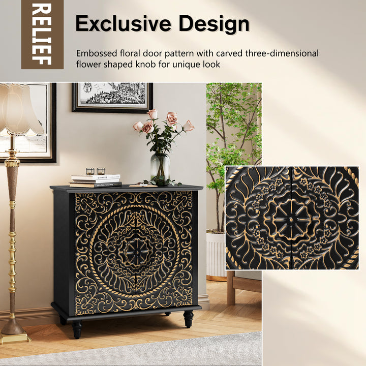 HLR® Wood Credenza Sideboard – 2-Door Storage & Carved Flower Design – Decorative Organizer for Living, Dining & Entryway