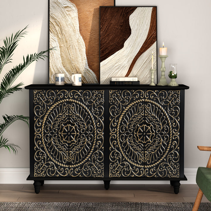 HLR® Hand-Carved Floral Wood Credenza Sideboard – 4-Door Storage & Decorative Organizer for Entryway, Living & Dining