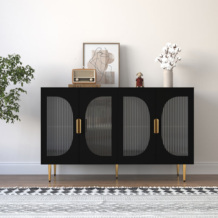 HLR® Wood Accent Sideboard Buffet with 4-Glass Door Storage – Stylish Organizer for Dining, Kitchen, Living Room & Hallway